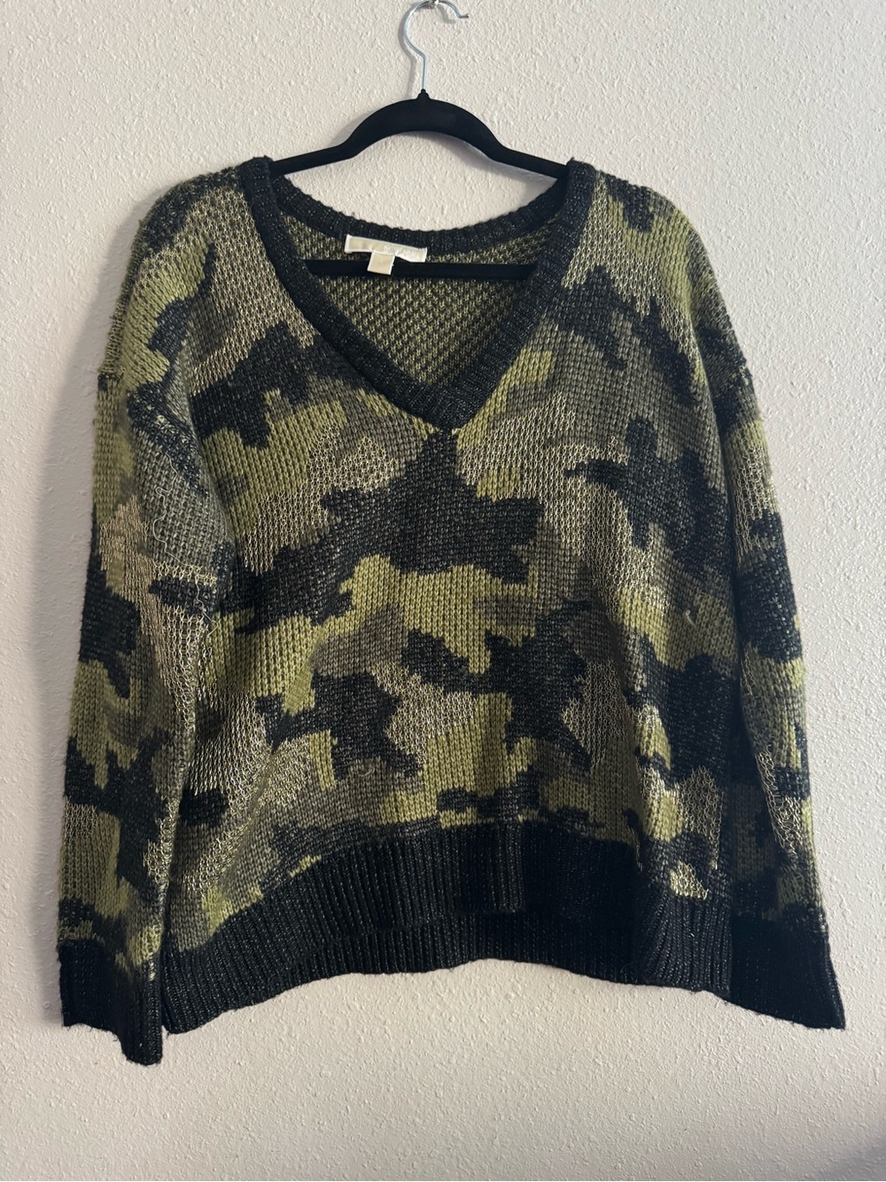 Michael Kors Olive & Black Camo V-Neck Sweater